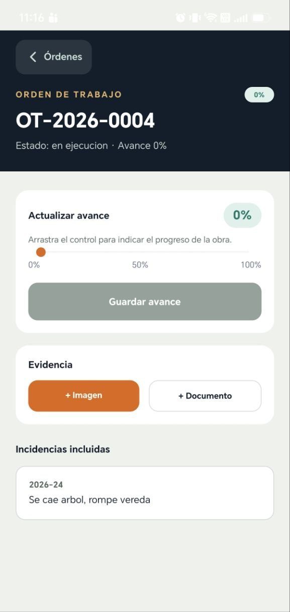 Detalle de una orden de trabajo en la app Roluq: control deslizante para actualizar el avance, botones para adjuntar imagen o documento como evidencia, y las incidencias que agrupa la orden.