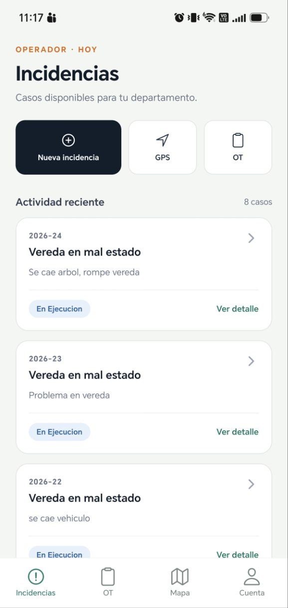 Pantalla Incidencias de la app Roluq: el operador ve los casos de su departamento con código, descripción, estado y accesos rápidos para crear una incidencia, iniciar GPS o abrir órdenes de trabajo.