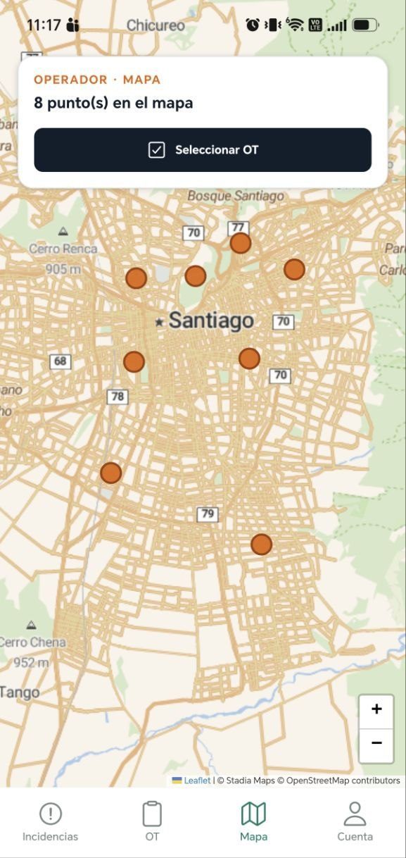 Mapa de la app Roluq mostrando ocho incidencias georreferenciadas sobre Santiago, con la opción de seleccionar una orden de trabajo.