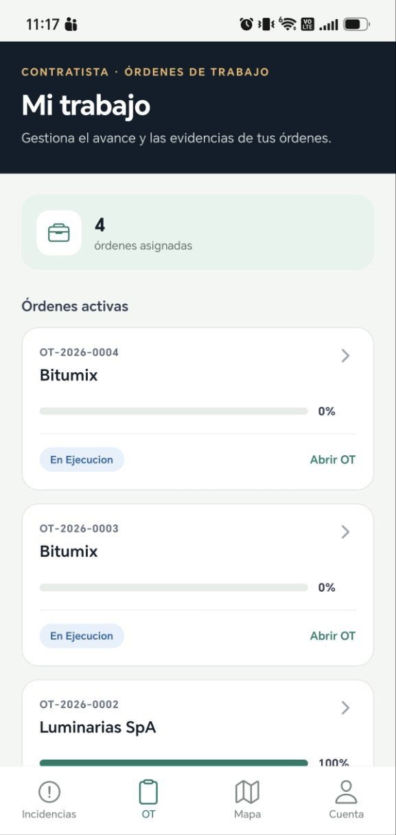 Listado de órdenes de trabajo en la app Roluq: cuatro órdenes asignadas con su código, empresa, estado y barra de porcentaje de avance, una de ellas al cien por ciento.